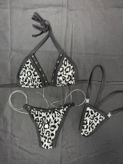 Silver/Black Leopard Animal Print Spandex Two-Piece Bikini Lingerie Outfit