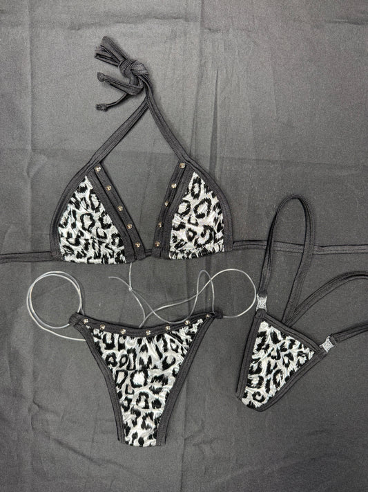 Silver/Black Leopard Animal Print Spandex Two-Piece Bikini Lingerie Outfit