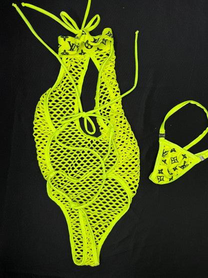 Designer/Neon Yellow Fishnet One-Piece Lingerie Outfit