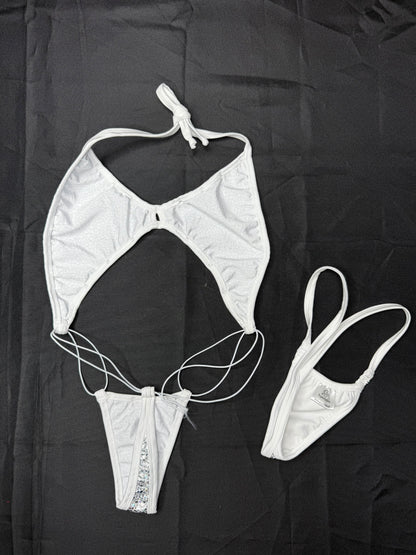 Metallic White Spandex Sling-Shot Lingerie Outfit