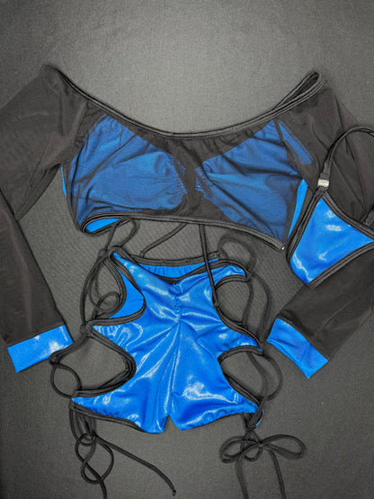 Blue Holographic Spandex/Black Mesh Two-Piece Shorts/Long Sleeve Lingerie Outfit