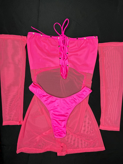 Hot Pink Three-Piece Mesh Cheeky Thong/Sleeves Lingerie Outfit