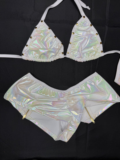 Reflective White Latex/White Spandex Spandex Two-Piece Lingerie Outfit