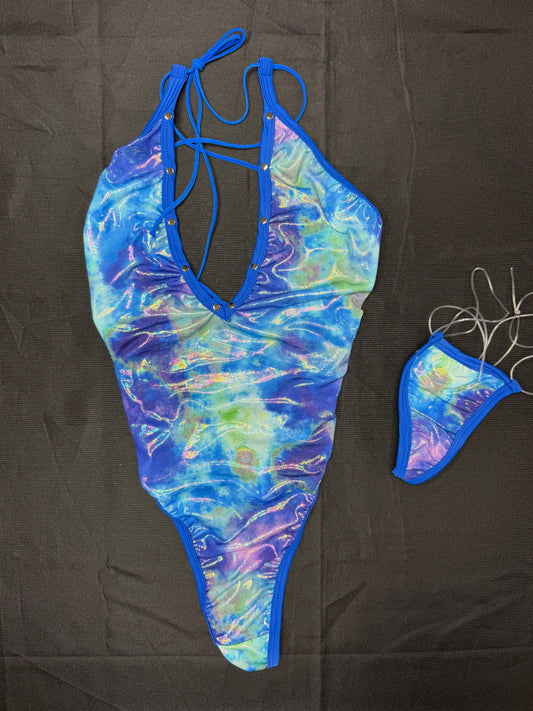 Blue/Multi Color Spandex One-Piece Lingerie Outfit