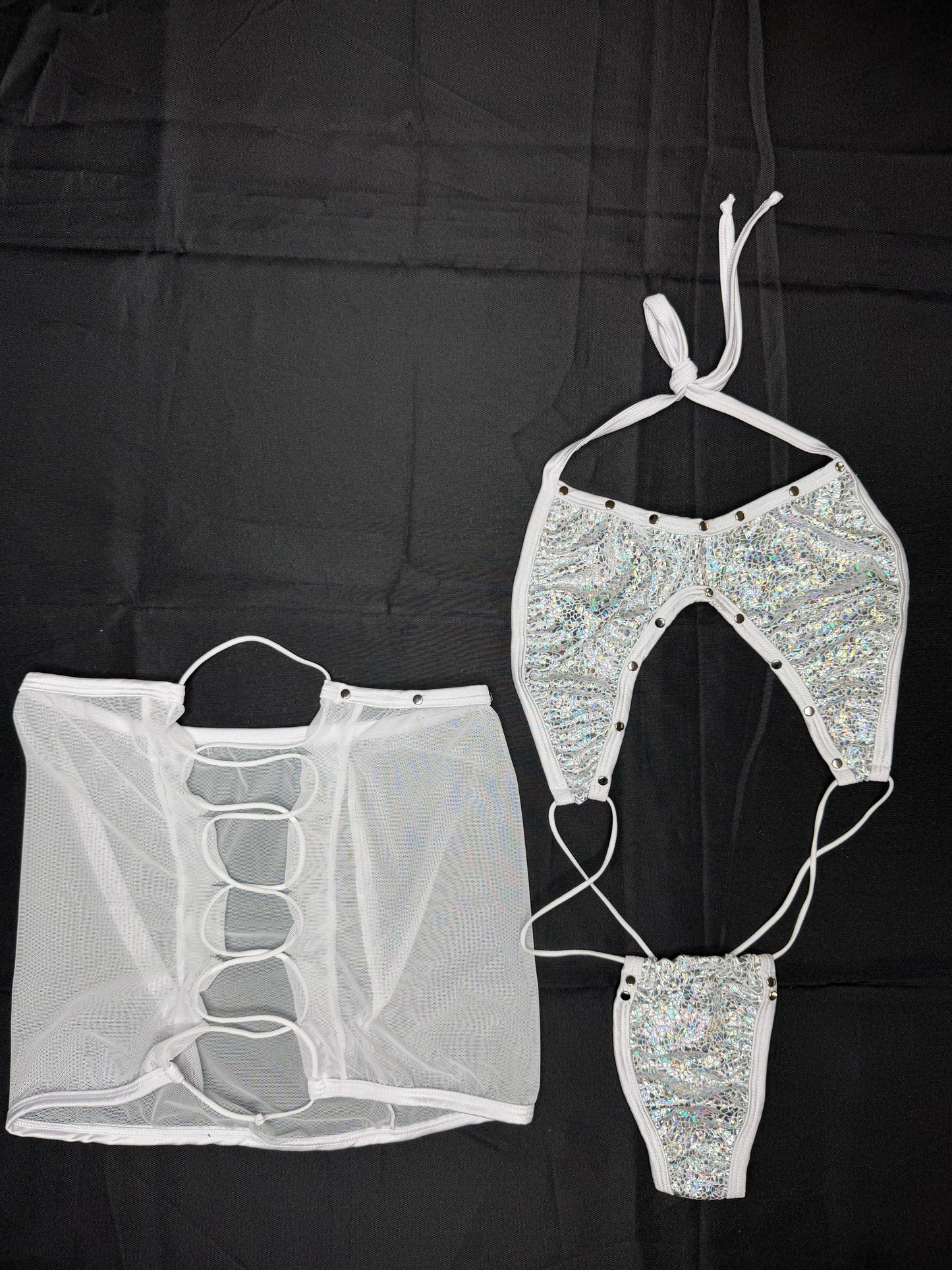 Metallic White/White Mesh Sling-Shot Skirt Two-Piece Lingerie Outfit