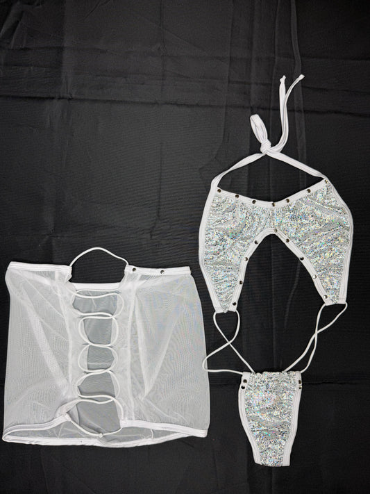 Metallic White/White Mesh Sling-Shot Skirt Two-Piece Lingerie Outfit