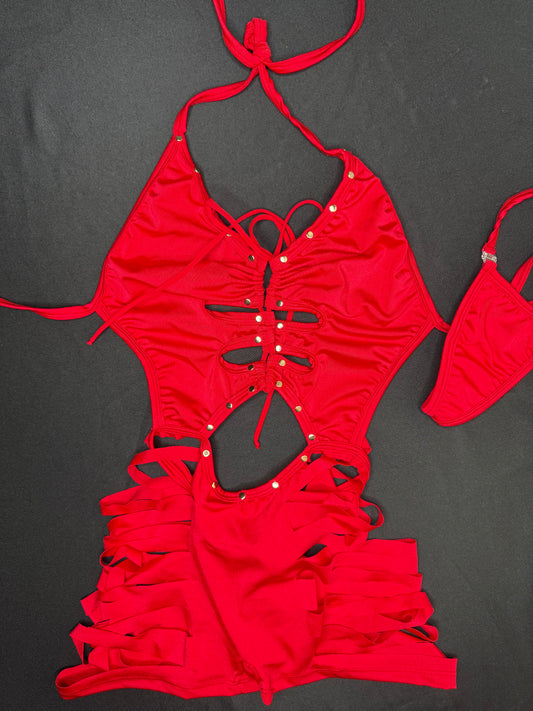 Red Spandex One-Piece Ripped Bottoms Lingerie Outfit