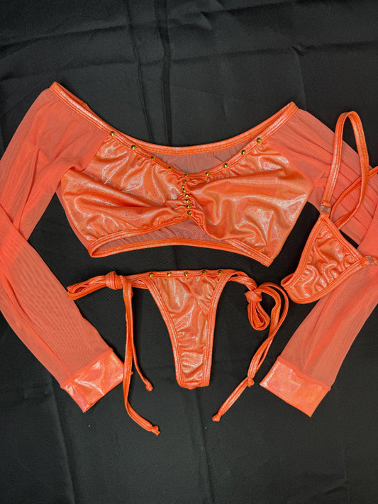 Metallic Orange Spandex/Orange Mesh Long Sleeve Two-Piece Lingerie Outfit
