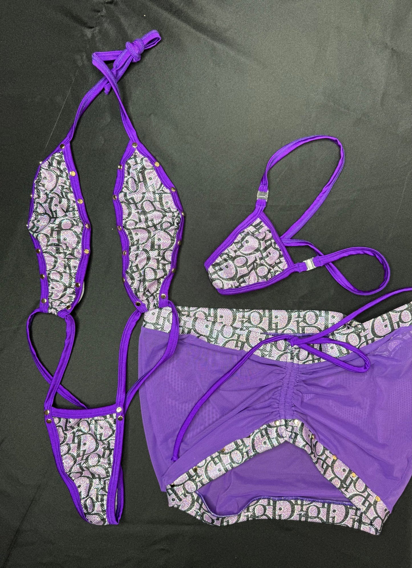 Designer Purple Spandex Sling-Shot/Mesh Skirt Three-Piece Skirt Outfit