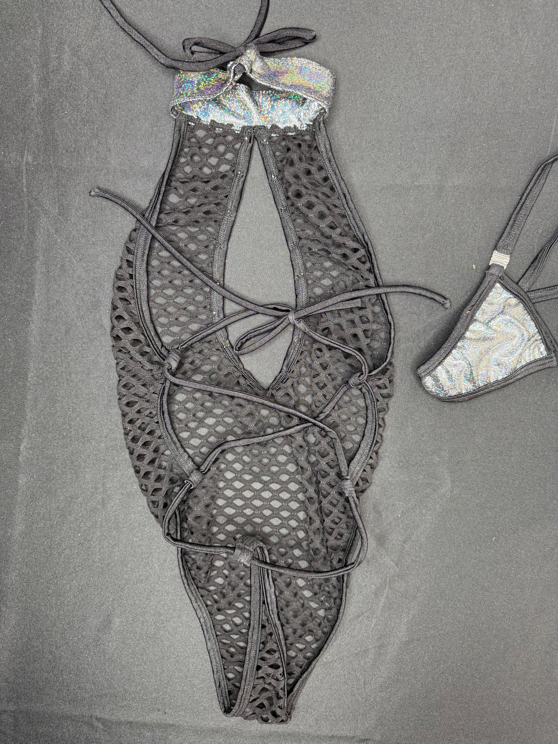 Metallic Black/Black Fishnet One-Piece Lingerie Outfit – Lingeriebydylan