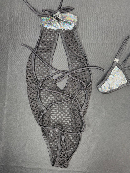 Metallic Black/Black Fishnet One-Piece Lingerie Outfit