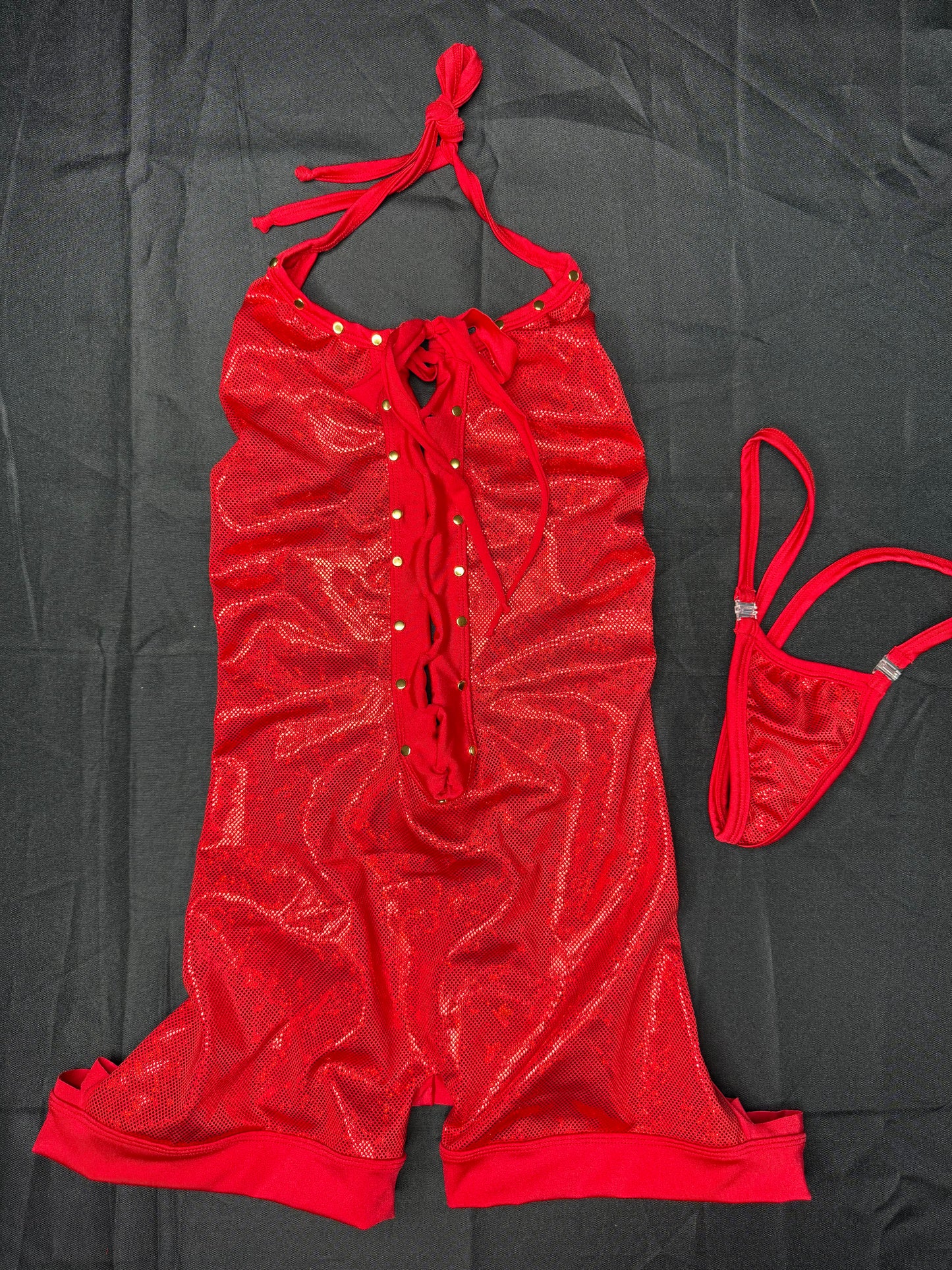Metallic Red Spandex Ripped Back One-Piece Lingerie Outfit