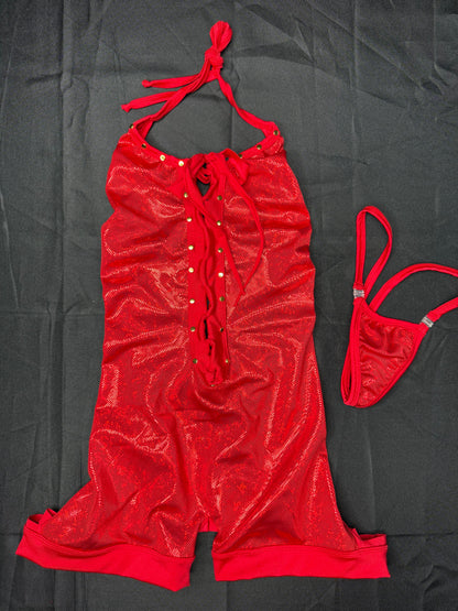 Metallic Red Spandex Ripped Back One-Piece Lingerie Outfit