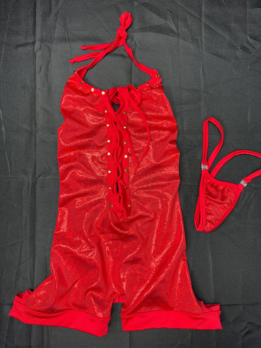 Metallic Red Spandex Ripped Back One-Piece Lingerie Outfit