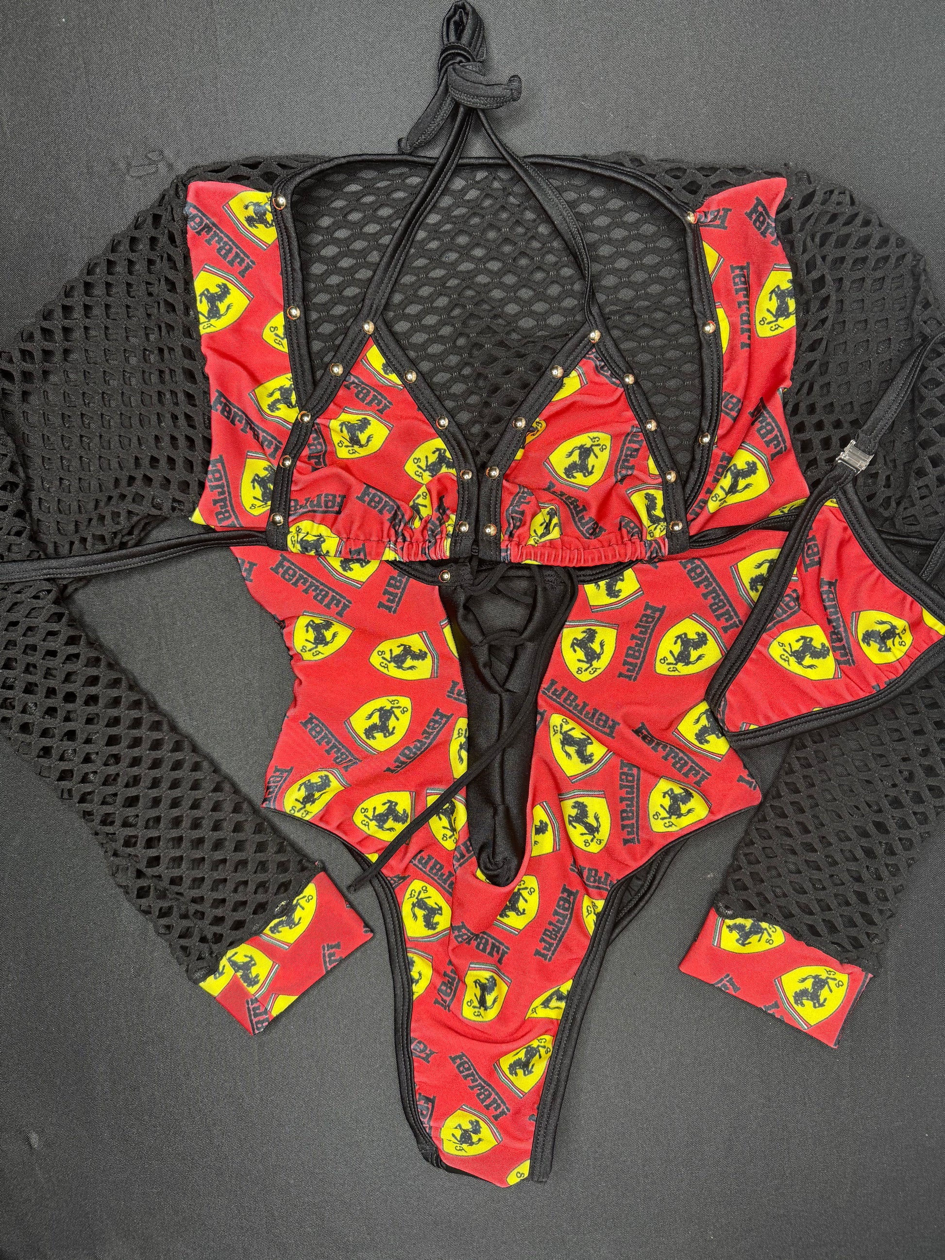 Designer Red Spandex/Black Fishnet One-Piece Lingerie Outfit ...