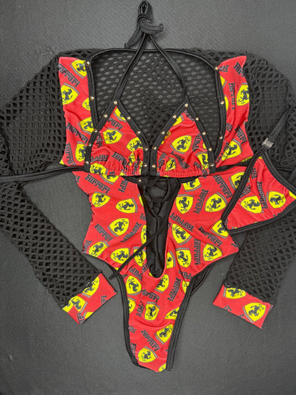 Designer Red Spandex/Black Fishnet One-Piece Lingerie Outfit