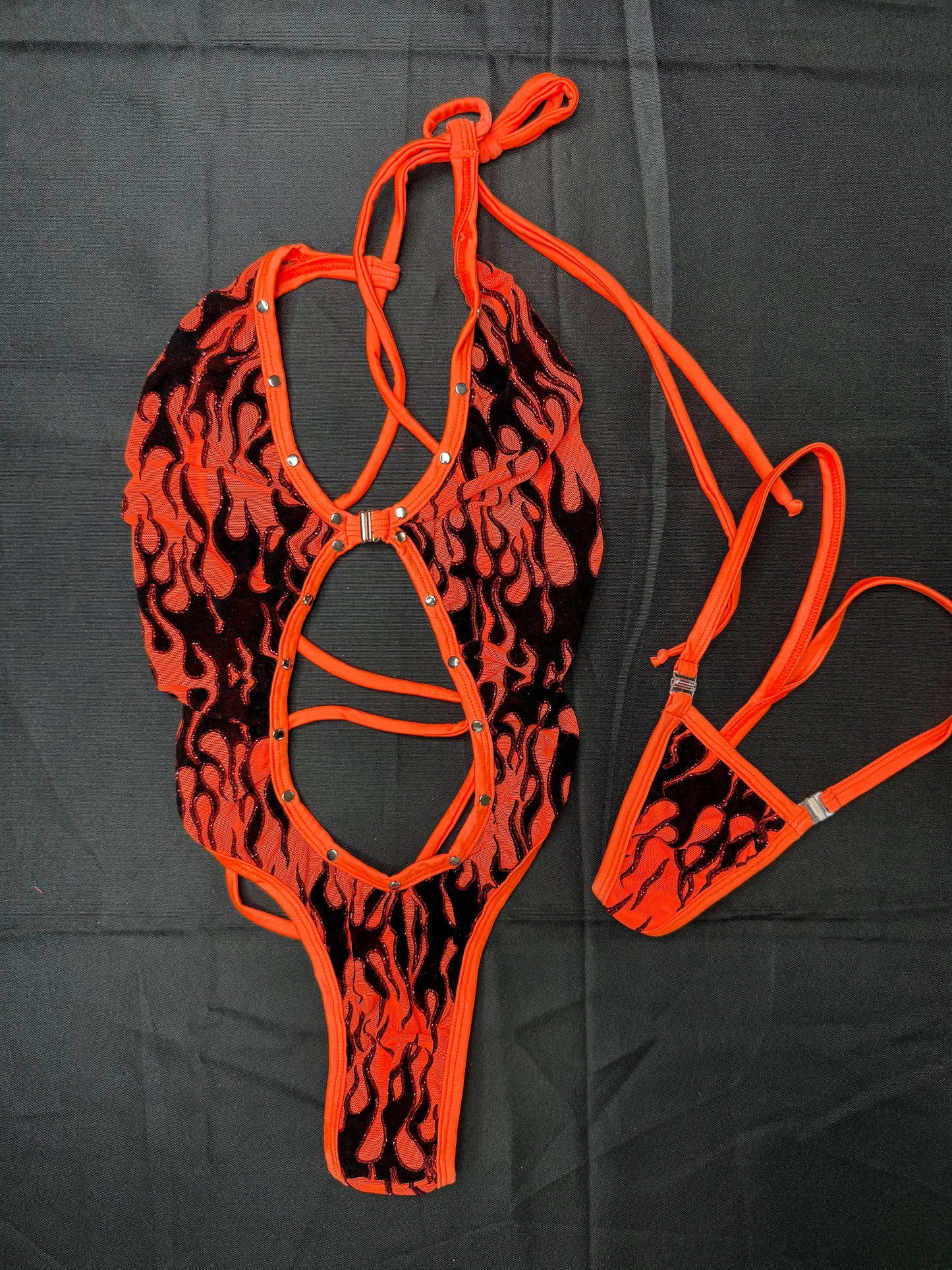 Orange Flame Mesh One-Piece Lingerie Outfit