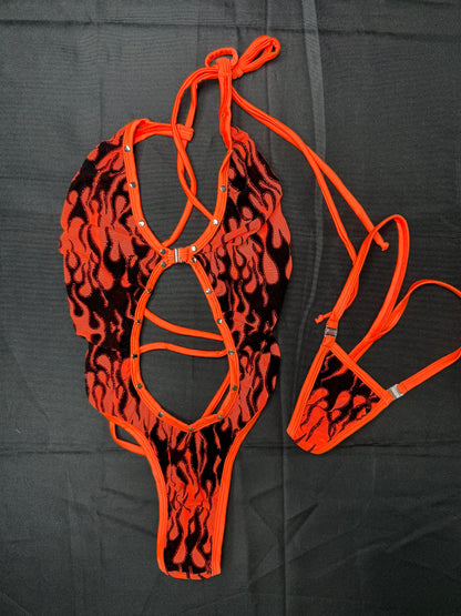 Orange Flame Mesh One-Piece Lingerie Outfit