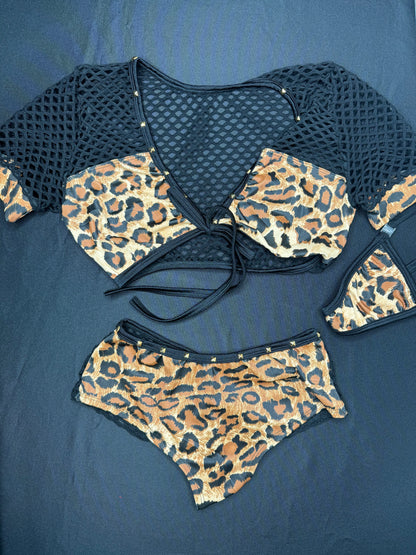Cheetah Animal Print Spandex/Black Fishnet Two-Piece Shorts Lingerie Outfit