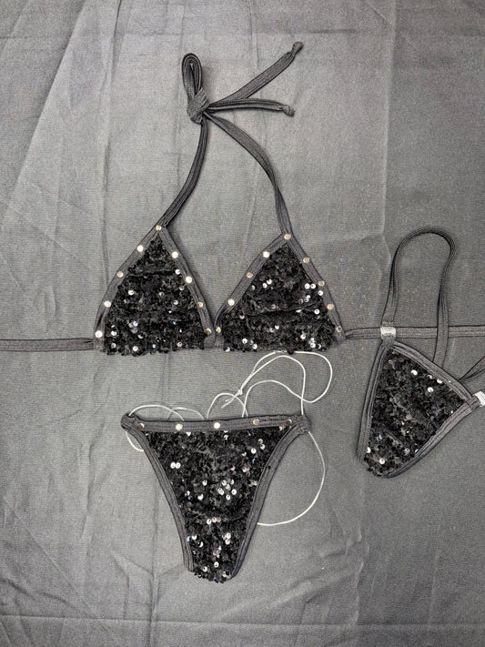 Black Sequins Two-Piece Bikini Lingerie Outfit