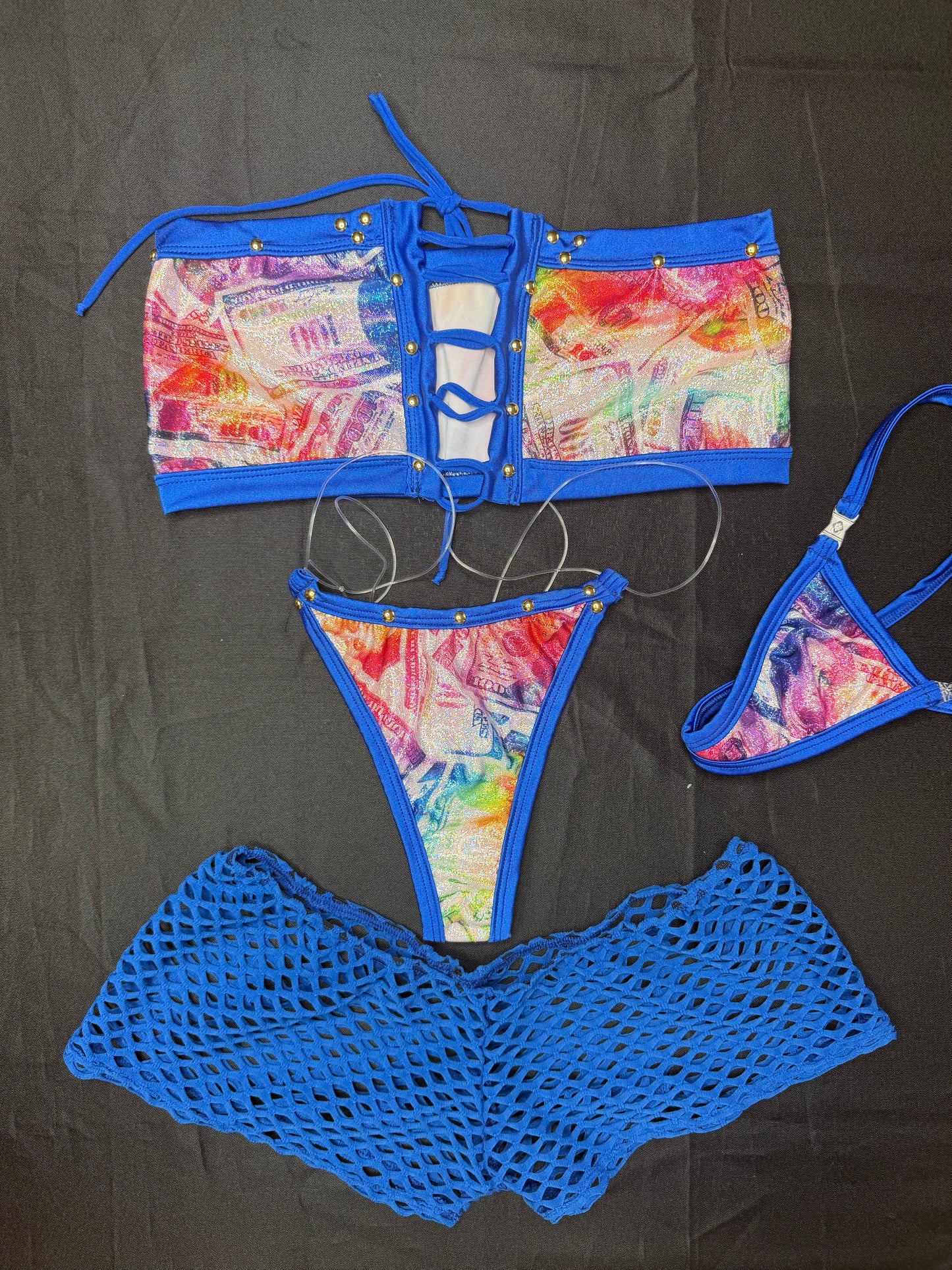 Holographic Money Print/Royal Blue Spandex Two-Piece Lingerie Outfit
