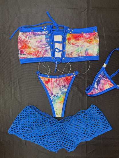 Holographic Money Print/Royal Blue Spandex Two-Piece Lingerie Outfit