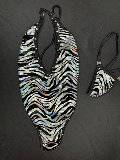 Silver/Black Animal Print One-Piece Lingerie Outfit