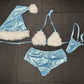 Metallic Blue/White Fur Three-Piece Shorts With Hat Lingerie Outfit