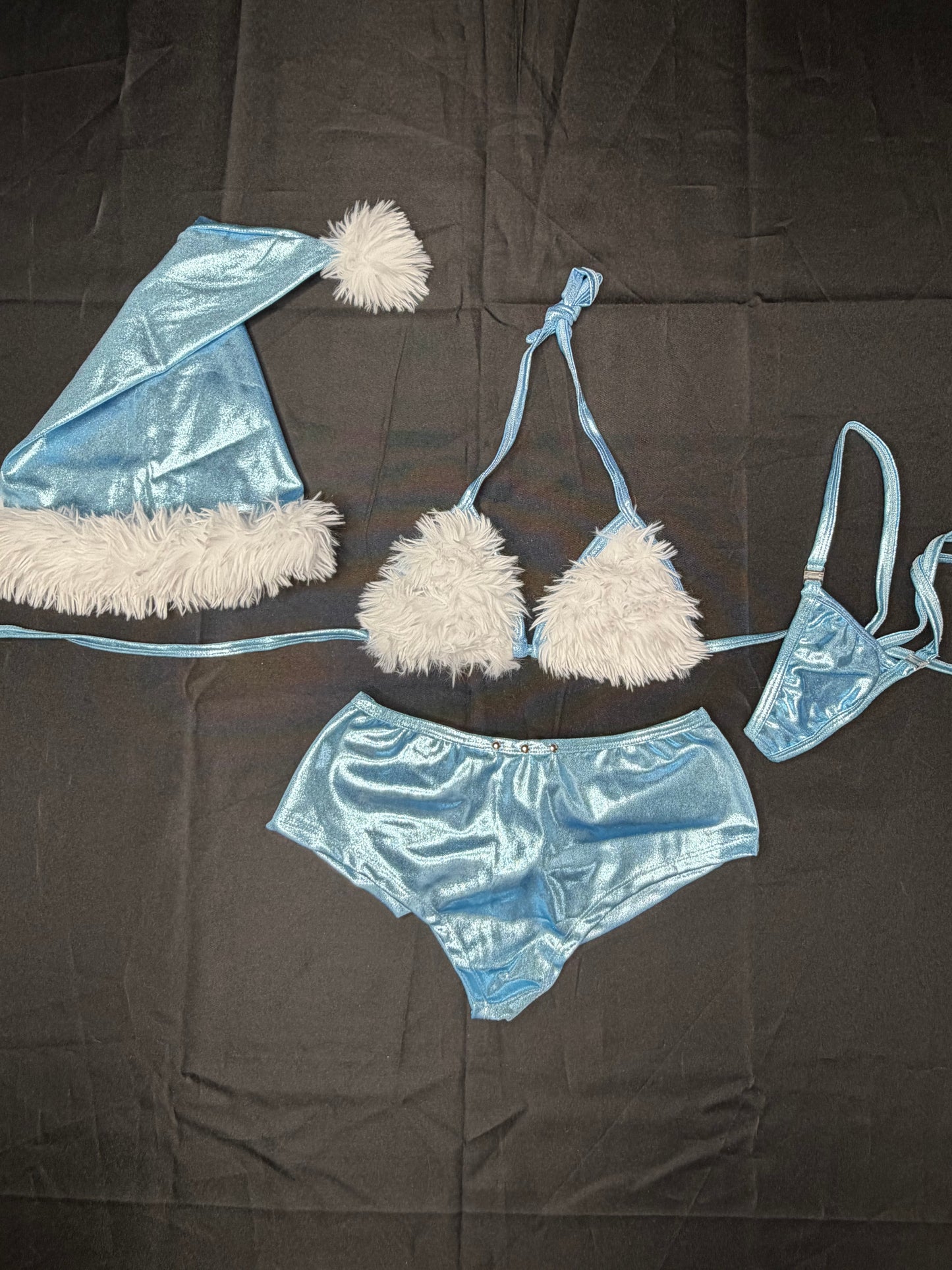 Metallic Blue/White Fur Three-Piece Shorts With Hat Lingerie Outfit