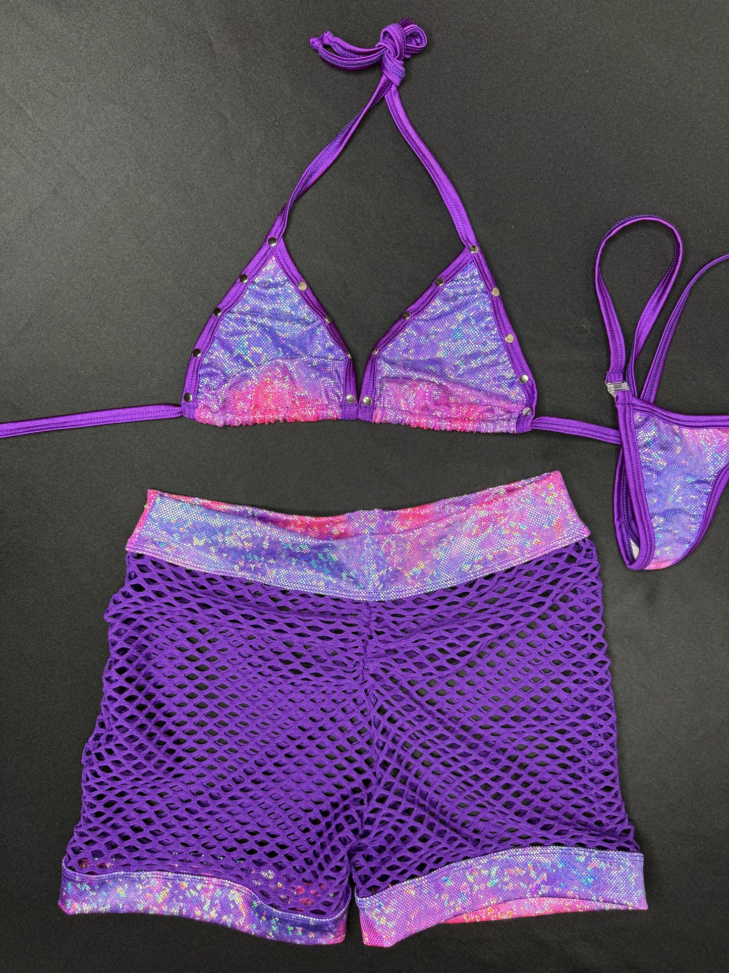 Metallic Purple/Pink Bikini Top/Purple Fishnet Shorts Lingerie Outfit