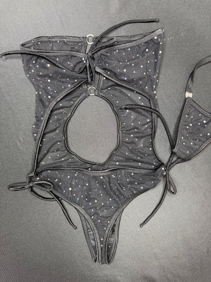 Black Sparkle Mesh One-Piece Lingerie Outfit