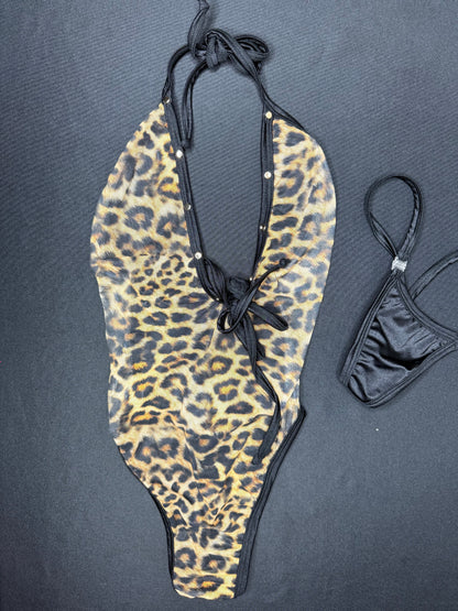 Mesh Animal Print/Black Spandex One-Piece Lingerie Outfit
