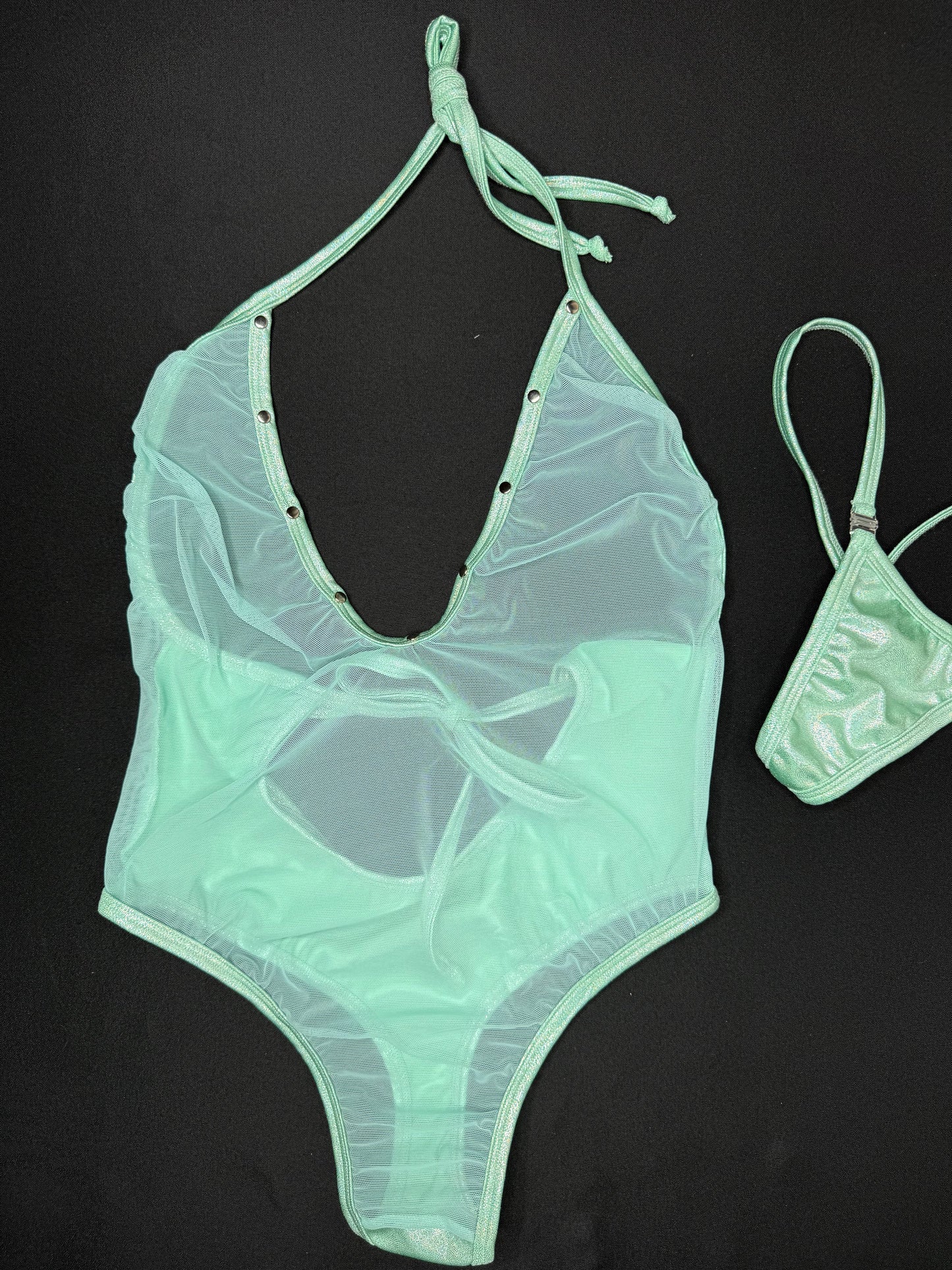Mint Mesh/Metallic Mint Spandex One-Piece Lingerie Outfit