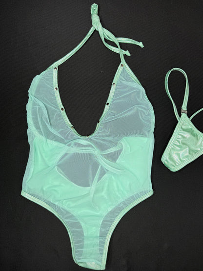 Mint Mesh/Metallic Mint Spandex One-Piece Lingerie Outfit