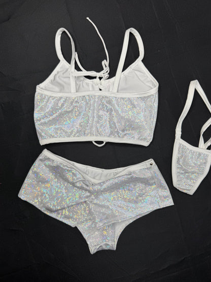 Metallic White Sports Bra/Shorts Two-Piece Lingerie Outfit