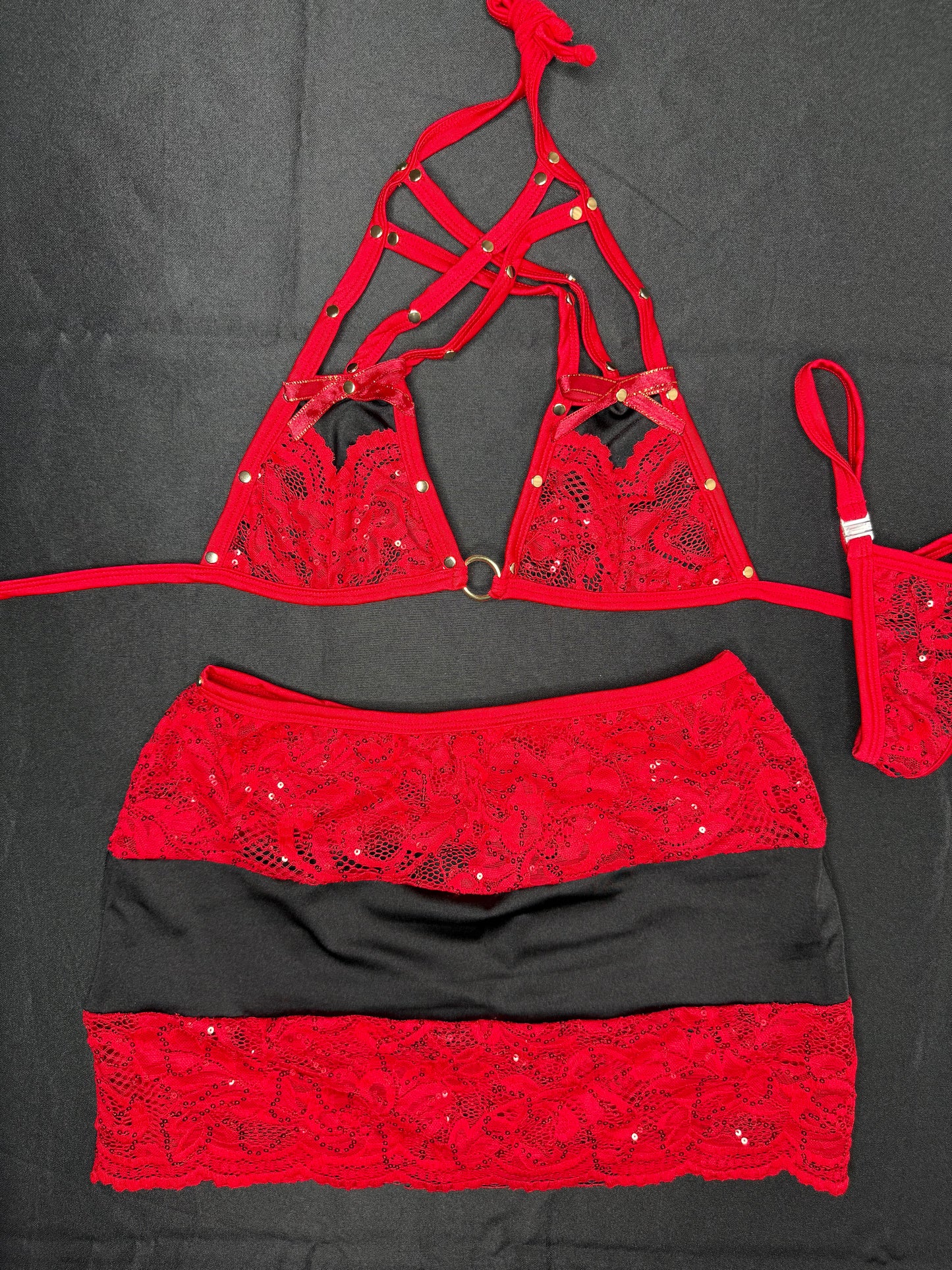 Red Lace Bikini Top/Skirt Two-Piece Lingerie Outfit