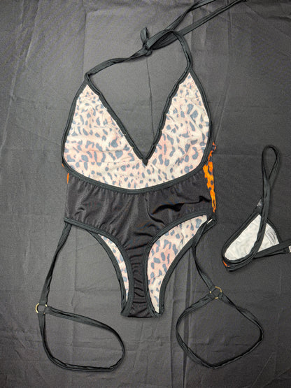 Animal Print/Black Spandex One-Piece Lingerie Outfit