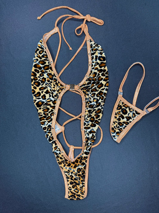 Cheetah Animal Print Velvet One-Piece Lingerie Outfit