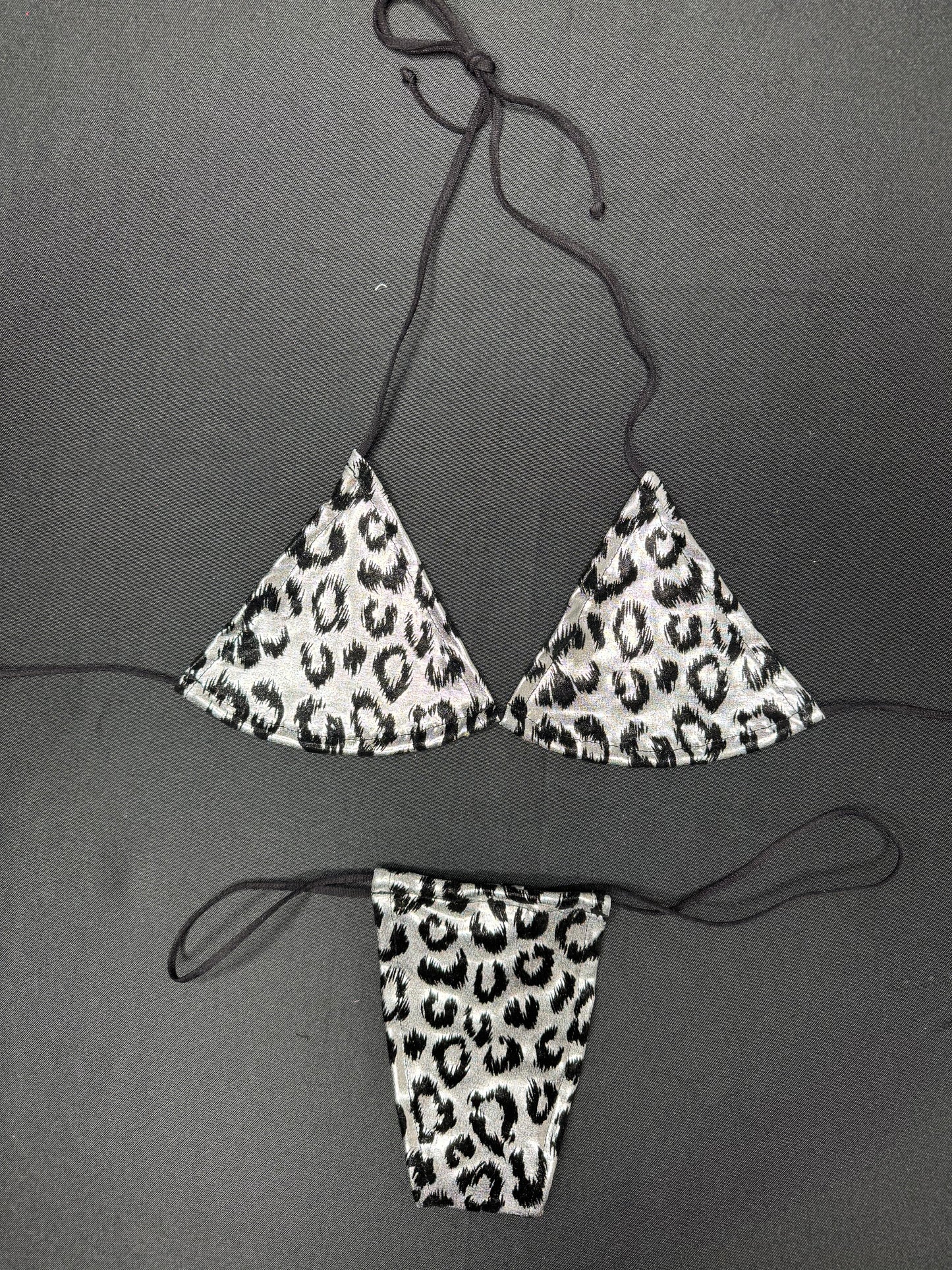 Silver Animal Print Two-Piece Micro Bikini Lingerie Outfit