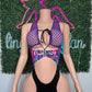 Purple Fishnet/Cosmic/Black Spandex One-Piece Romper Lingerie Outfit