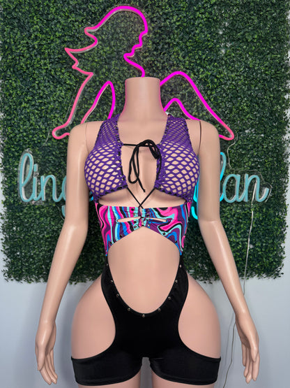 Purple Fishnet/Cosmic/Black Spandex One-Piece Romper Lingerie Outfit