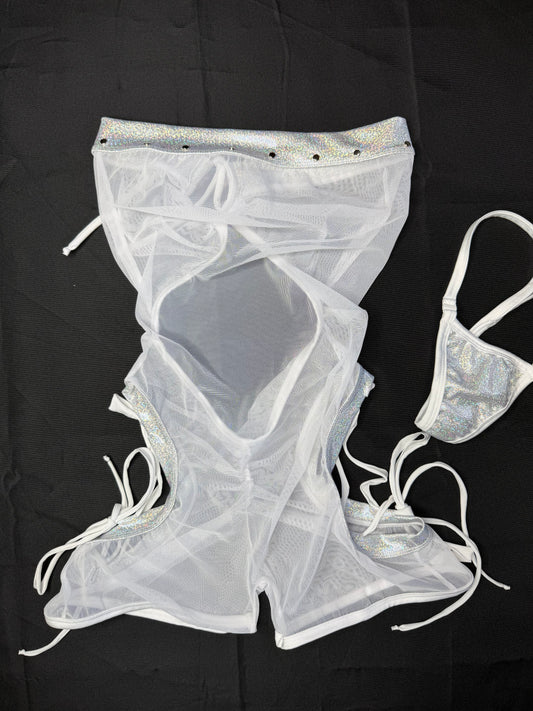Metallic Silver Spandex/White Mesh One-Piece Lingerie Outfit