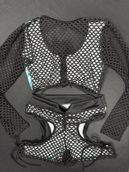 Designer Plaid/Black Fishnet Spandex Long Sleeve/Shorts Two-Piece Lingerie Outfit