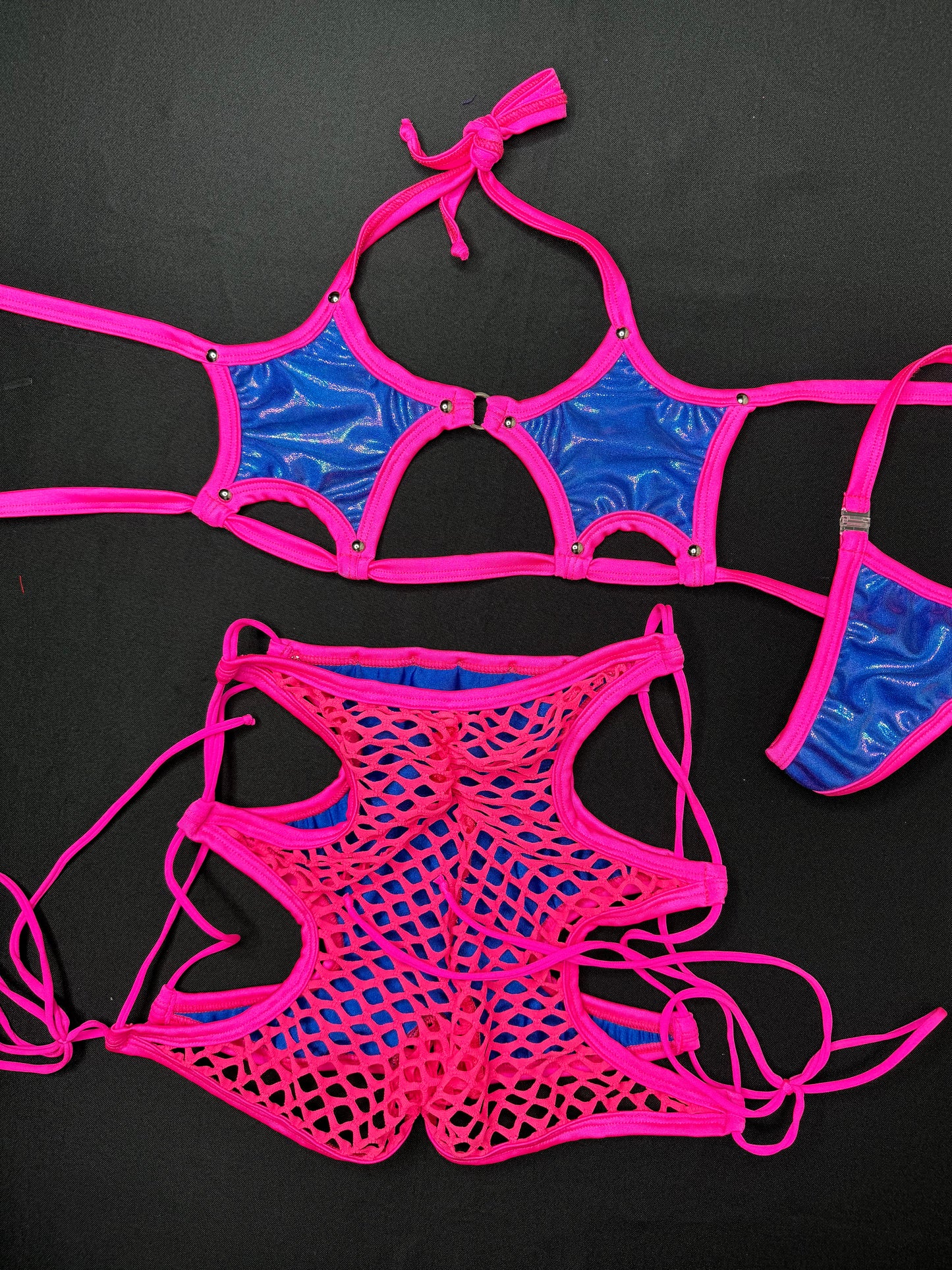 Hot Pink Fishnet/Deep Blue Star Top/Shorts Two-Piece Lingerie Outfit