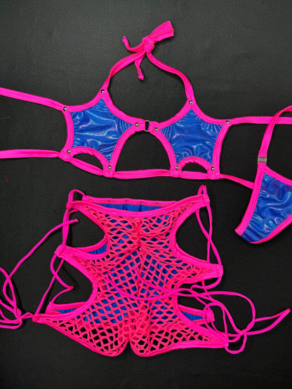 Hot Pink Fishnet/Deep Blue Star Top/Shorts Two-Piece Lingerie Outfit