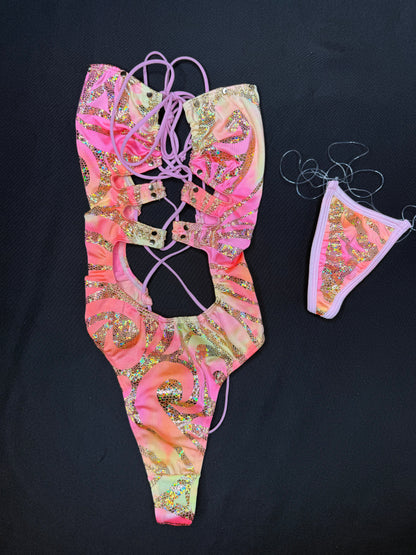 Pink/Yellow Spandex One-Piece Lingerie Outfit