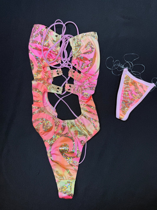 Pink/Yellow Spandex One-Piece Lingerie Outfit