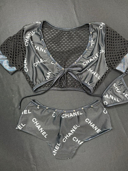 Black Designer Spandex Fishnet Two-Piece Lingerie Outfit