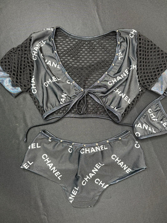 Black Designer Spandex Fishnet Two-Piece Lingerie Outfit