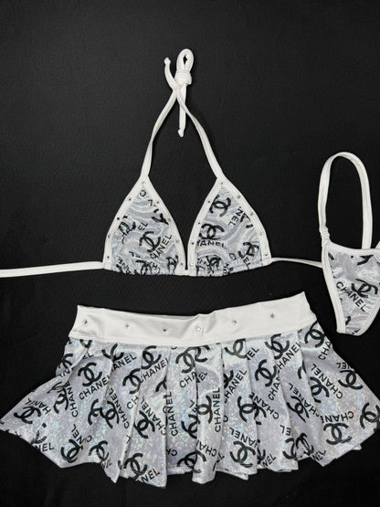 Metallic Silver/White Spandex Bikini Top/Skirt Two-Piece Lingerie Outfit